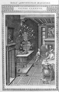Fontein met nepvogels die zingen. Dit is een project van Agostino Ramelli, volgens “Diverse en Artificiose Machines”. Milaan 1600. door Agostino (after) Ramelli