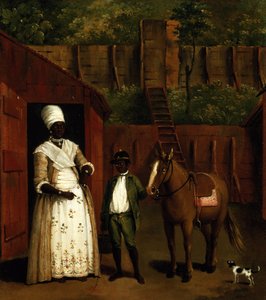 Een Zwarte Moeder en Zoon met een Pony buiten een Stal door Agostino Brunias