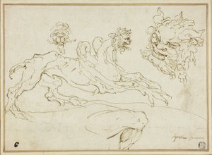 Vier schetsen: Griffioen, grotesk hoofd, hoofd van een sater, gebogen been door Agostino Carracci