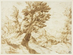 Heuvelachtig Landschap met Stad in de Verte door Agostino Carracci