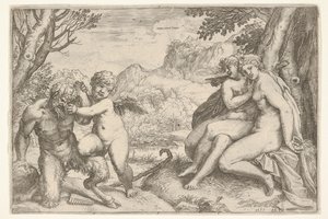 Liefde overwint alles Omnia vincit Amor, in een strijd met een sater door Agostino Carracci