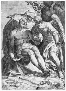 Pieta, Christus ondersteund door de Maagd en een engel aan de rechterkant door Agostino Carracci