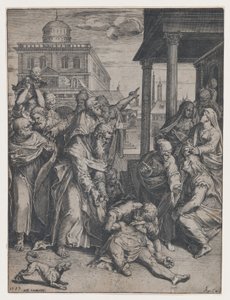 Sint Paulus wekt Patroclus op die op de grond ligt, omringd door een groep toeschouwers door Agostino Carracci