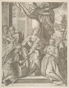Het Mystieke Huwelijk van Sint Catharina met het Christuskind en Engelen door Agostino Carracci