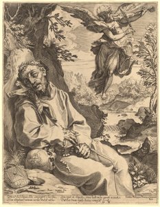 Sint Franciscus getroost door de muzikale engel door Agostino Carracci after Francesco Vanni