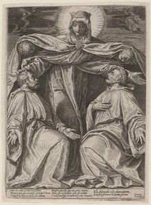 De Madonna die twee leden van een broederschap beschermt door Agostino Carracci after Veronese