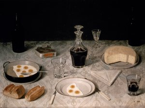 Stilleven met eieren, brood, kaas en wijn