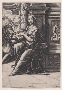 Kuisheid, een zittende vrouw, een eenhoorn aan haar rechterkant, ca. 1515-30 door Agostino Veneziano