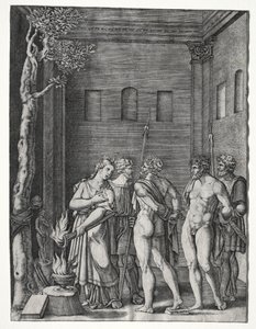 Orestes en Pylades gebracht naar Iphigenia voor offer door Agostino Veneziano