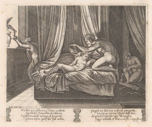 Psyche kijkt naar Cupido, uit het verhaal van Cupido en Psyche zoals verteld door Apuleius, 1530-60 door Agostino Veneziano