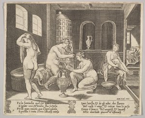 Psyche bediend in haar bad door nimfen, op de achtergrond rechts Psyche repr..., ca. 1520-36