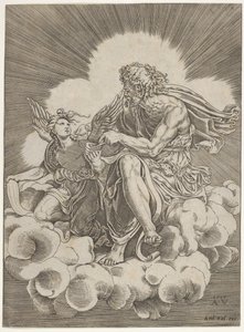 Sint Mattheüs, zittend op een wolk en een pen in een inktpot doopt, vastgehouden door een engel...