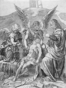 Het Lichaam van Christus Ondersteund door Drie Engelen, 1516 door Agostino Veneziano