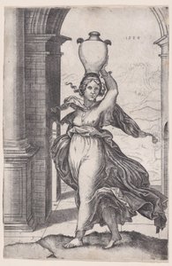 Vrouw die een Vaas op Haar Hoofd Draagt, gedateerd 1528 door Agostino Veneziano