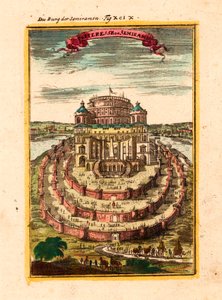 De vesting en de hangende tuinen van de legendarische koningin Semiramis in Babylon - Kopergravure en aquarel door Alain Manesson Mallet (1630-1706)