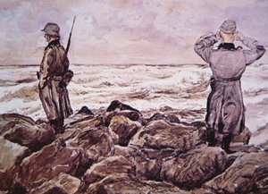 Twee Duitsers aan de kust van Frankrijk kijken naar Engeland aan de vooravond van de Normandië-campagne