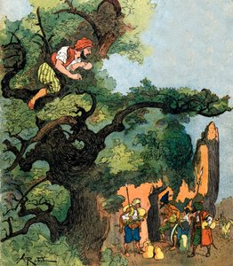 Ali Baba hoort een groep van veertig dieven hun schatkamer bezoeken Illustratie door Albert Robida voor Ali Baba en de veertig rovers