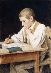 Schrijvende jongen door Albert Anker