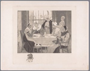 Gezelschap van vrouwen in klederdracht aan tafel door Albert Bertrand (attributed to)