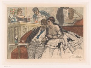 Man en vrouw zittend op een rode bank bij de bar van een theater door Albert Bertrand (attributed to)