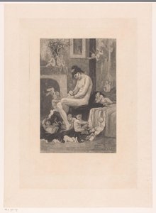 Naakte vrouw op de rand van een bed omringd door spelende demonen door Albert Bertrand (attributed to)