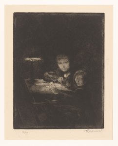 Tekenende kinderen bij schemerlicht door Albert Besnard (signed by artist)