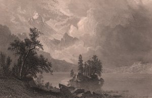 Uitzicht op Lake Esther, Sierra Nevada, Californië, Verenigde Staten, staalgravure door Robert Hinshelwood naar schilderij van Albert Bierstadt, circa 19x14 cm