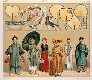 Kleding van Chinese vrouwen en van de regio Tartary, illustratie uit Complete Costume History door Auguste Racinet door Albert Charles August Racinet