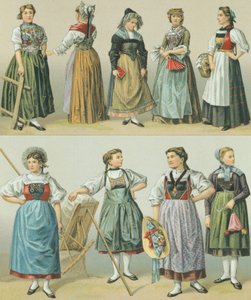 Kostuums van de kantons, illustratie uit The Complete Costume History door Racinet Auguste