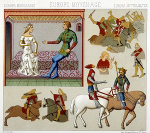 Kostuums van de Middeleeuwen in Frankrijk. Chromolithografische plaat - in 