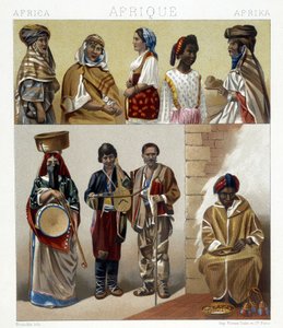 Egyptische kostuums. Illustratie in "The historical costume" door Racinet door Albert Charles August Racinet