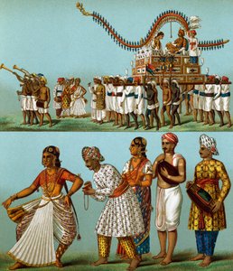 India, parades, muziek, dansen, lithografie uit Le Costume Historique, Volume I