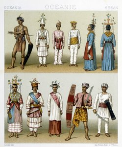 Inwoners van de Celebes-eilanden in Indonesië. Illustratie in "Le costume historique" door Racinet door Albert Charles August Racinet