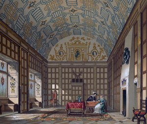 Interieur van een 16e-eeuwse Engelse woning, Lithografie door Gaulard uit Le Costume historique door Albert Charles August Racinet