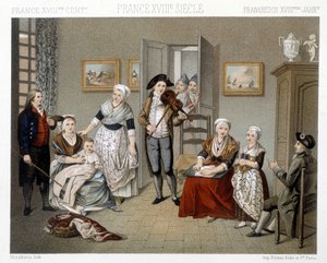 Muzikanten spelen hun instrumenten voor een familie in een huis. Illustratie in 