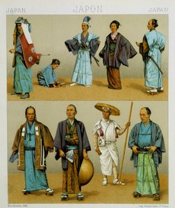Verschillende traditionele Japanse mannenkostuums inclusief kimono. Chromolithografische plaat - in 