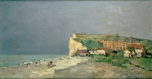 Het strand van Puys-sous-Dieppe, stormachtige lucht, ca. 1880 door Albert Charles Lebourg