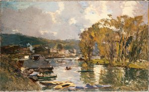 De kleine tak van de rivier de Seine bij Bas-Meudon op een herfstavond