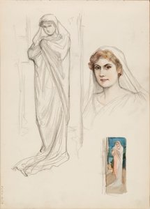 Aino Ackté als Alcestis, schets van het gezicht en twee volledige lichaamsschetsen door Albert Edelfelt