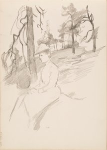 Landschapsschets, vrouw op voorgrond