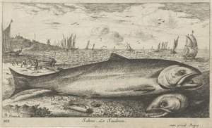 Twee zalmen op het strand door Albert Flamen