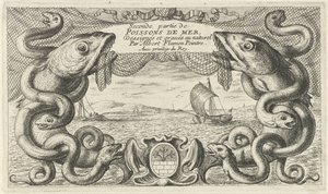 Zeegezicht met rand van zeedieren en een visnet door Albert Flamen