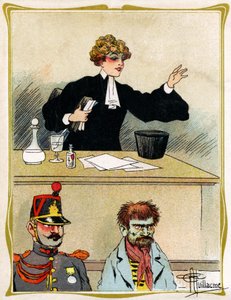Een vrouwelijke advocaat met een mooi gezicht, pleit en verdedigt haar cliënt kijkt geduldig. Reclame, gravure 1902-1903 door Albert Guillaume