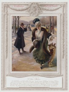 Belle Epoque Parijs, Modieuze dame in het Bois de Boulogne (kleur litho)