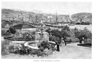 Hobart vanuit McGregors Tuinen, Tasmanië, Australië, 1886