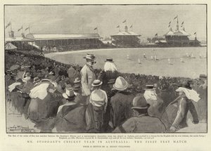 Het cricketteam van Mr Stoddart in Australië, de eerste testwedstrijd door Albert Henry Fullwood