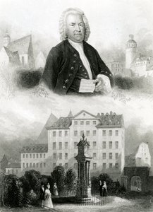 Portret van Johann Sebastian Bach (1685-1750) en monument