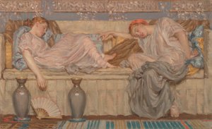 Kralenstudie, twee vrouwen op een sofa door Albert Joseph Moore