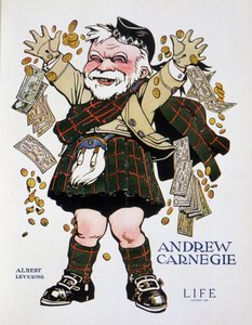Karikatuurportret van Andrew Carnegie in geruite pak en geld gooiend - door Albert Levering (1869-1929), in 