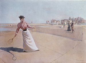 Amateur tennismatch op het strand - tekening door Lynch, 20e eeuw door Albert Lynch